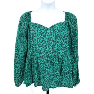 AVA & VIV Women's Plus 1X Green & Black Long Sleeve Peplum Top Sweetheart Neck